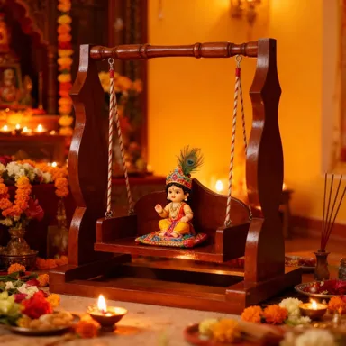Wooden Laddu Gopal Jhula Shri Krishna Jhoola for Kanha Ji Idol Decorative Wooden Swing for Home Temple Mandir Puja Room Handmade Traditional Pooja Jhoola for Laddu Gopal Krishna Statue India thumbnail 5