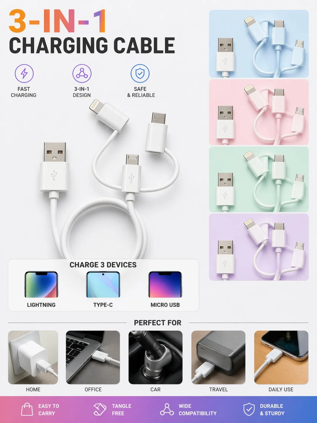 3 in 1 Fast Charging Cable USB A to Type C Micro USB 8 Pin Multi Charging Data Cable 3 FT Universal Compatible Mobile Phone Charger Cable Multicolour High Speed Sync image 2
