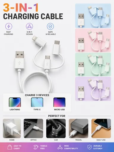 3 in 1 Fast Charging Cable USB A to Type C Micro USB 8 Pin Multi Charging Data Cable 3 FT Universal Compatible Mobile Phone Charger Cable Multicolour High Speed Sync thumbnail 1