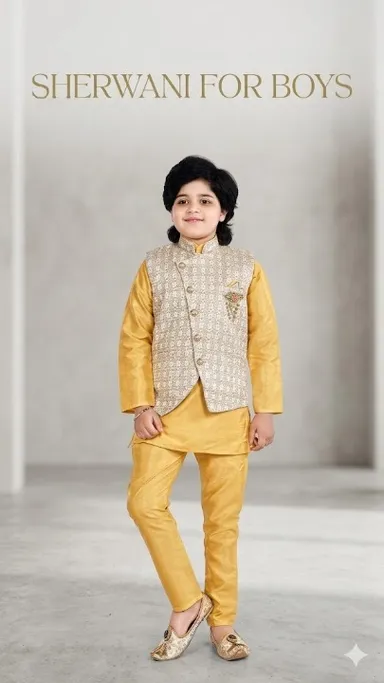 Boys Silk Blend Kurta Pajama with Embroidered Nehru Jacket Set Yellow Beige Festive Ethnic Wear for Kids Wedding Party Traditional Dress Outfit India Boyes Jacket 7-8 Y thumbnail 0