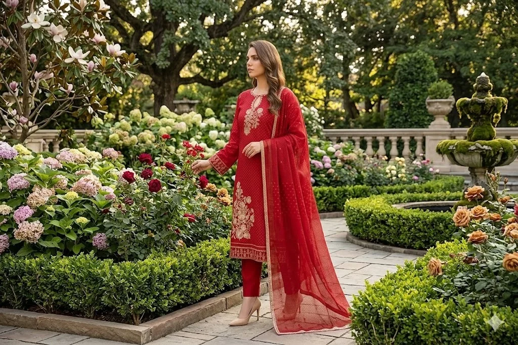 Premium Red Embroidered Suit Set for Women Party Wear Designer Kurti Fabric with Bottom Heavy Floral Embroidery Dress Material Unstitched Ethnic Wear for Wedding Festive Occasion India image 2