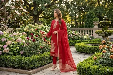 Premium Red Embroidered Suit Set for Women Party Wear Designer Kurti Fabric with Bottom Heavy Floral Embroidery Dress Material Unstitched Ethnic Wear for Wedding Festive Occasion India thumbnail 1