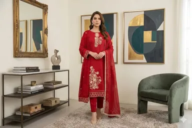 Premium Red Embroidered Suit Set for Women Party Wear Designer Kurti Fabric with Bottom Heavy Floral Embroidery Dress Material Unstitched Ethnic Wear for Wedding Festive Occasion India thumbnail 0