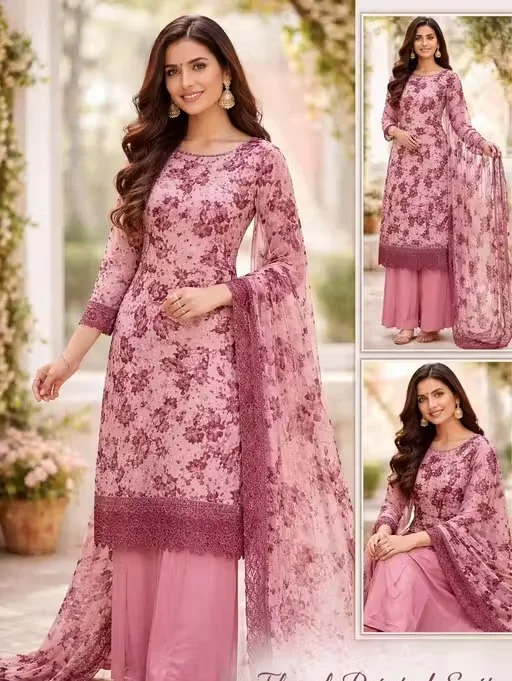 Floral Printed Crepe Dress Material for Women with Printed Dupatta and Plain Bottom Elegant Unstitched Ethnic Wear Fabric Set for Casual Festive and Party Wear India Lightweight Stylish Outfit image 2