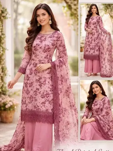 Floral Printed Crepe Dress Material for Women with Printed Dupatta and Plain Bottom Elegant Unstitched Ethnic Wear Fabric Set for Casual Festive and Party Wear India Lightweight Stylish Outfit thumbnail 1