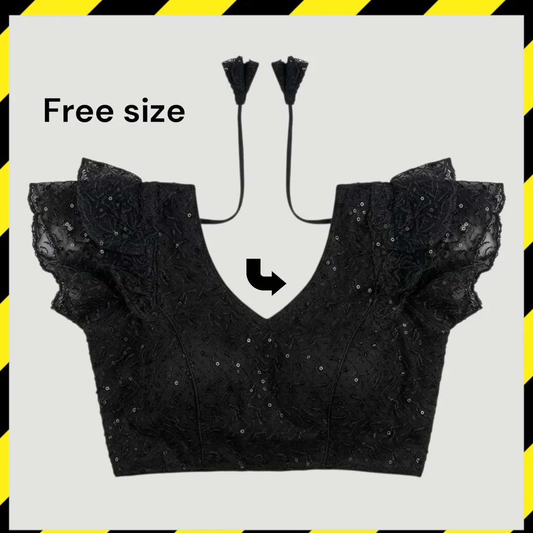 Elegant Black Sequinned Embroidery V Neck Blouse for Women with Ruffle Sleeves Stylish Party Wear Designer Blouse Top for Saree Lehenga Festive Wedding Wear India image 2