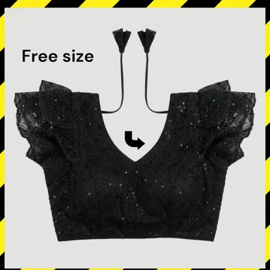 Elegant Black Sequinned Embroidery V Neck Blouse for Women with Ruffle Sleeves Stylish Party Wear Designer Blouse Top for Saree Lehenga Festive Wedding Wear India thumbnail 1