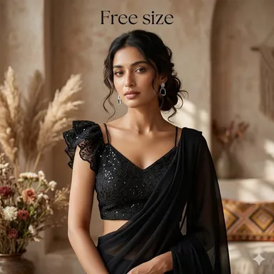Elegant Black Sequinned Embroidery V Neck Blouse for Women with Ruffle Sleeves Stylish Party Wear Designer Blouse Top for Saree Lehenga Festive Wedding Wear India thumbnail 2