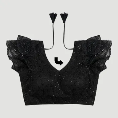 Elegant Black Sequinned Embroidery V Neck Blouse for Women with Ruffle Sleeves Stylish Party Wear Designer Blouse Top for Saree Lehenga Festive Wedding Wear India thumbnail 0