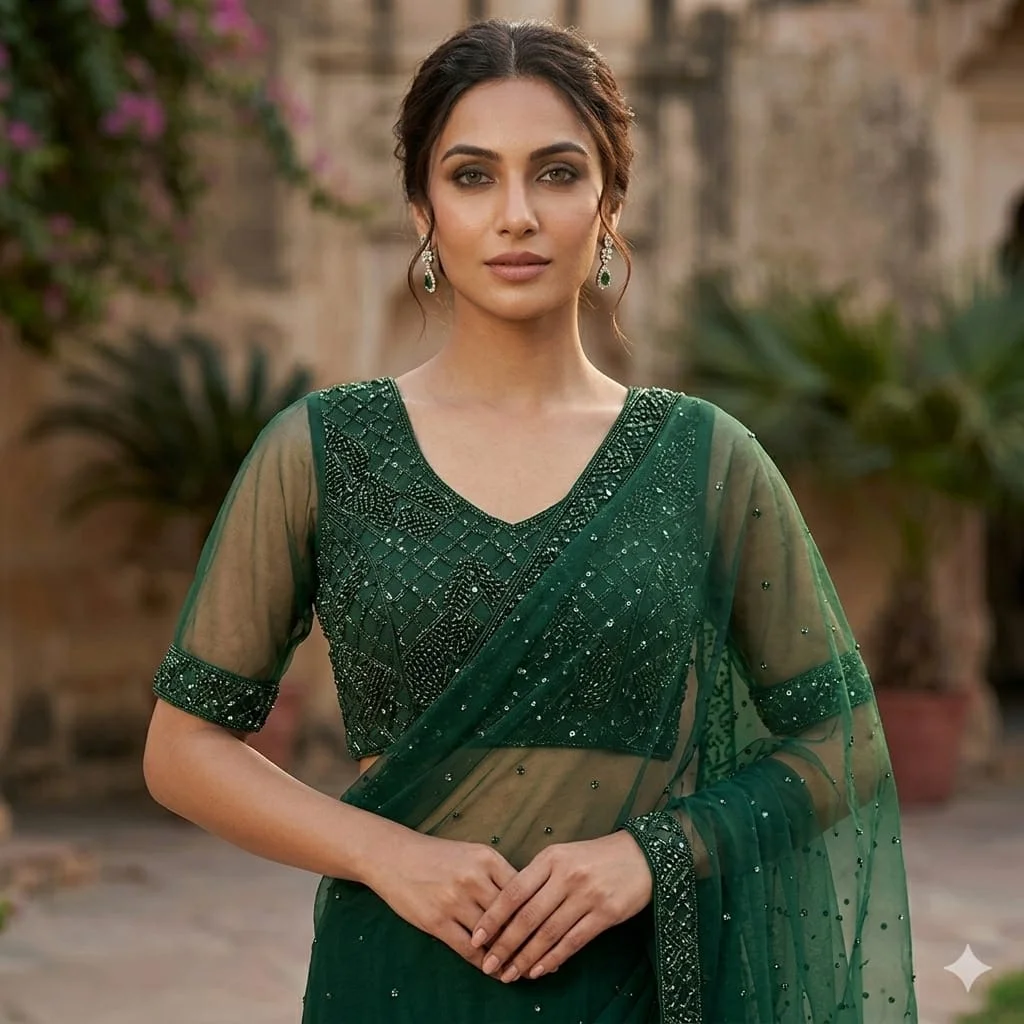 Elegant Green Sequinned Embroidery V Neck Blouse for Women with Ruffle Sleeves Designer Party Wear Saree & Lehenga Blouse Festive Wedding Ethnic Wear India image 3