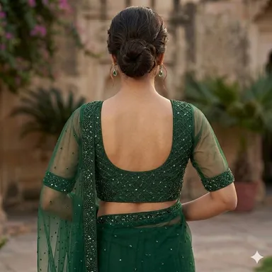 Elegant Green Sequinned Embroidery V Neck Blouse for Women with Ruffle Sleeves Designer Party Wear Saree & Lehenga Blouse Festive Wedding Ethnic Wear India thumbnail 3