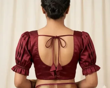 Elegant Maroon Satin Backless Tie-Up Puff Sleeve Designer Blouse for Women Festive Ethnic Wear Party Wedding Traditional Indian Top thumbnail 1