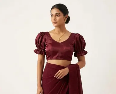 Elegant Maroon Satin Backless Tie-Up Puff Sleeve Designer Blouse for Women Festive Ethnic Wear Party Wedding Traditional Indian Top thumbnail 0