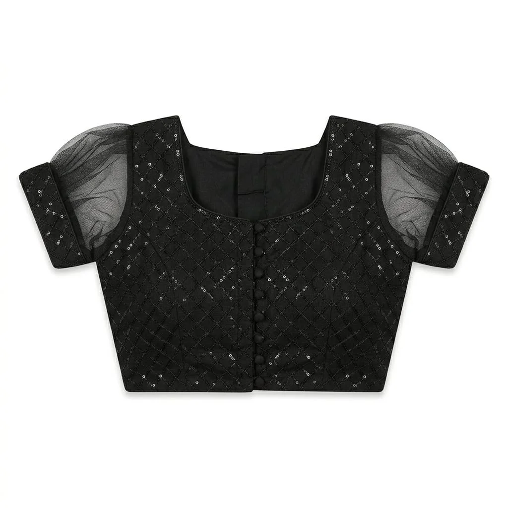 Elegant Black Embroidered Net Puff Sleeve Designer Blouse for Women with Front Button Closure Festive Ethnic Wedding Party Wear Indian Saree Top image 2