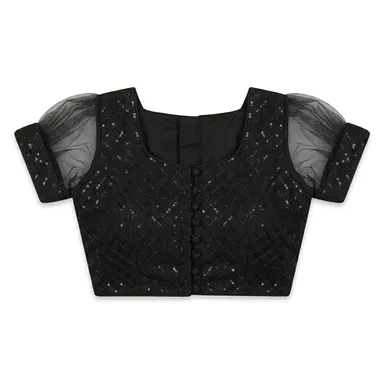 Elegant Black Embroidered Net Puff Sleeve Designer Blouse for Women with Front Button Closure Festive Ethnic Wedding Party Wear Indian Saree Top thumbnail 1