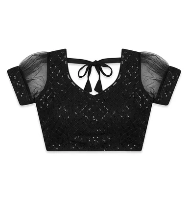 Elegant Black Embroidered Net Puff Sleeve Designer Blouse for Women with Front Button Closure Festive Ethnic Wedding Party Wear Indian Saree Top thumbnail 0