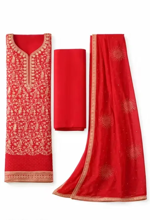 Premium Red Embroidered Unstitched Salwar Suit Dress Material for Women with Dupatta Ethnic Wedding Party Festive Indian Wear image 2