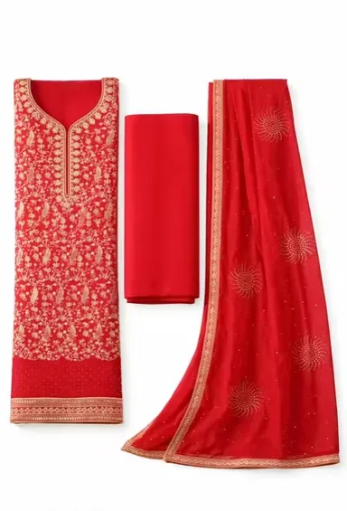 Premium Red Embroidered Unstitched Salwar Suit Dress Material for Women with Dupatta Ethnic Wedding Party Festive Indian Wear thumbnail 1