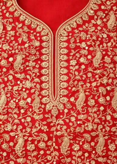 Premium Red Embroidered Unstitched Salwar Suit Dress Material for Women with Dupatta Ethnic Wedding Party Festive Indian Wear thumbnail 2