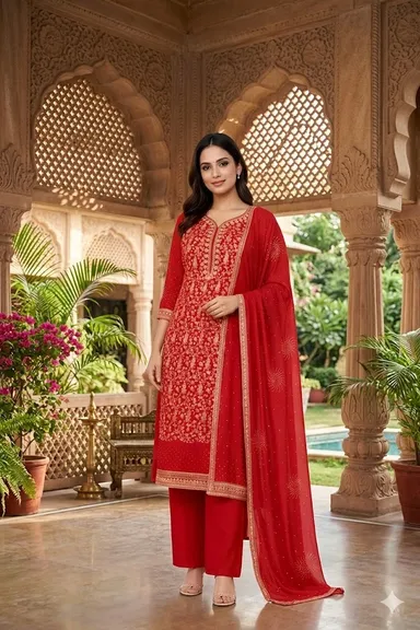 Premium Red Embroidered Unstitched Salwar Suit Dress Material for Women with Dupatta Ethnic Wedding Party Festive Indian Wear thumbnail 0