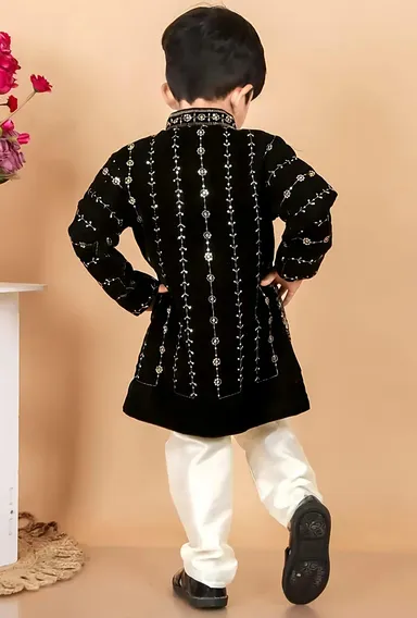 Aksa Fashion Boys Black Sherwani Churidar Set Festive Party Wear Ethnic Kids Traditional Wedding Outfit Kurta Pajama Set for Boys Indian Clothing Silk Blend Designer Sherwani for Kids Black 3-6 M thumbnail 1
