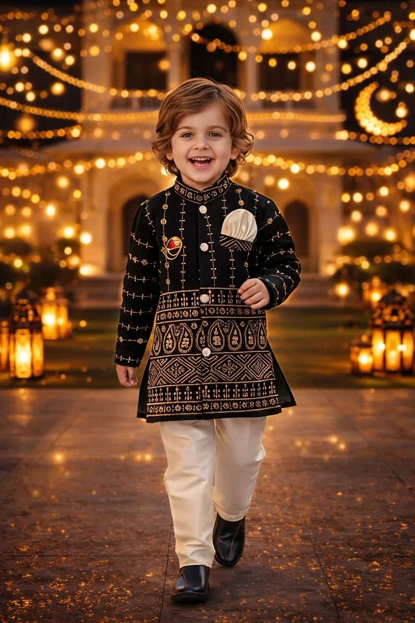 Aksa Fashion Boys Black Sherwani Churidar Set Festive Party Wear Ethnic Kids Traditional Wedding Outfit Kurta Pajama Set for Boys Indian Clothing Silk Blend Designer Sherwani for Kids Black 5-6 Y image 1