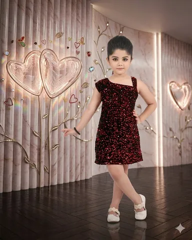 Girls Red & Black Sequin One Shoulder Party Dress for Kids| Stylish Birthday Wedding Festive Outfit| Comfortable Premium Kids Party Wear Dress Mroon  5-6 Years thumbnail 0