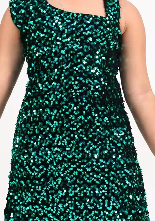 Girls Red & Black Sequin One Shoulder Party Dress for Kids| Stylish Birthday Wedding Festive Outfit| Comfortable Premium Kids Party Wear Dress Green 6-9 Months image 2