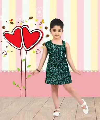 Girls Red & Black Sequin One Shoulder Party Dress for Kids| Stylish Birthday Wedding Festive Outfit| Comfortable Premium Kids Party Wear Dress Green 1-2 Years thumbnail 0