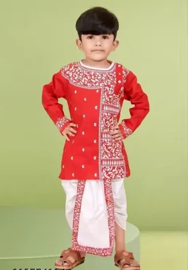 Trendy Printed Kurta Dhoti Set for Baby Boys| Comfortable Ethnic Wear Outfit for Kids, Stylish Festival | Party Dress, Premium Baby Boy Clothing Red Kurta 9-12 Months thumbnail 2