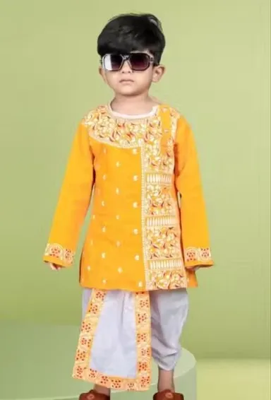 Trendy Printed Kurta Dhoti Set for Baby Boys| Comfortable Ethnic Wear Outfit for Kids, Stylish Festival | Party Dress, Premium Baby Boy Clothing Yellow Kurta 6-9 Months thumbnail 2