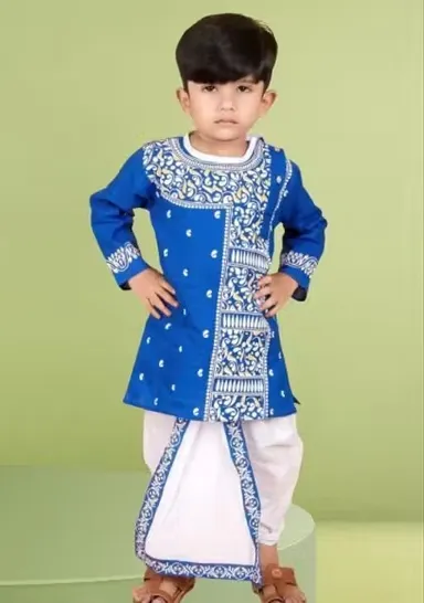 Trendy Printed Kurta Dhoti Set for Baby Boys| Comfortable Ethnic Wear Outfit for Kids, Stylish Festival | Party Dress, Premium Baby Boy Clothing Blue Kurta 6-9 Months thumbnail 2