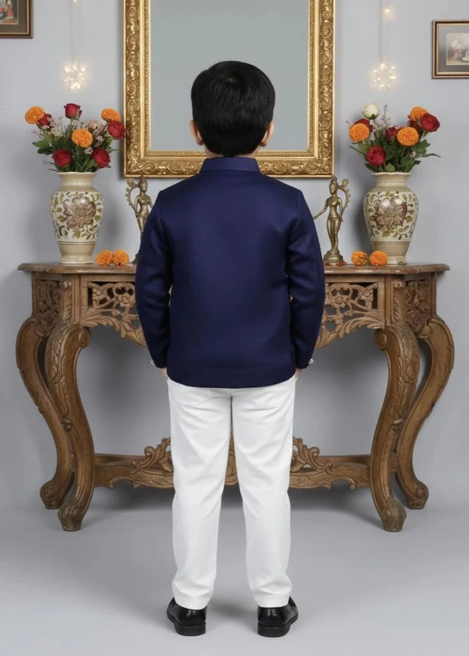Boys Blue Blazer and Pant Set for Wedding Party Formal Wear Kids Suit Stylish Partywear Outfit with Coat Trouser Set Premium Fabric Age 2–14 Years Festive Clothing India Blue 1-2 Y image 2