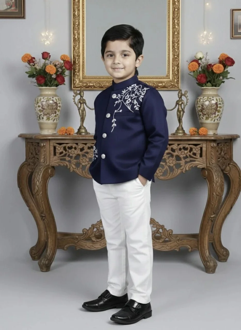 Boys Blue Blazer and Pant Set for Wedding Party Formal Wear Kids Suit Stylish Partywear Outfit with Coat Trouser Set Premium Fabric Age 2–14 Years Festive Clothing India Blue 1-2 Y image 3