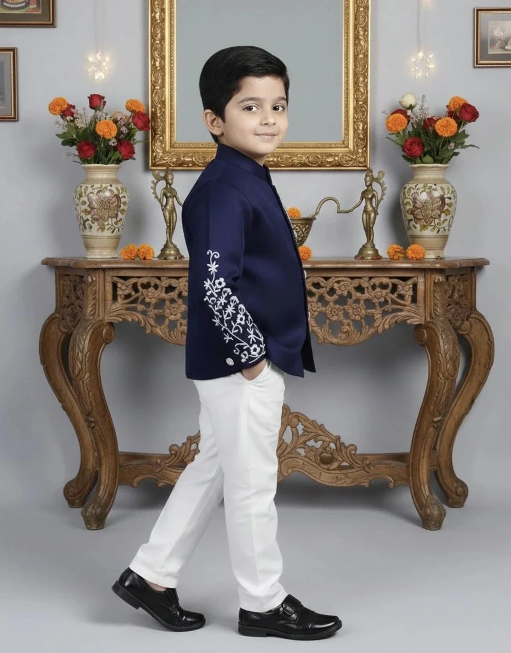 Boys Blue Blazer and Pant Set for Wedding Party Formal Wear Kids Suit Stylish Partywear Outfit with Coat Trouser Set Premium Fabric Age 2–14 Years Festive Clothing India Blue 1-2 Y image 4