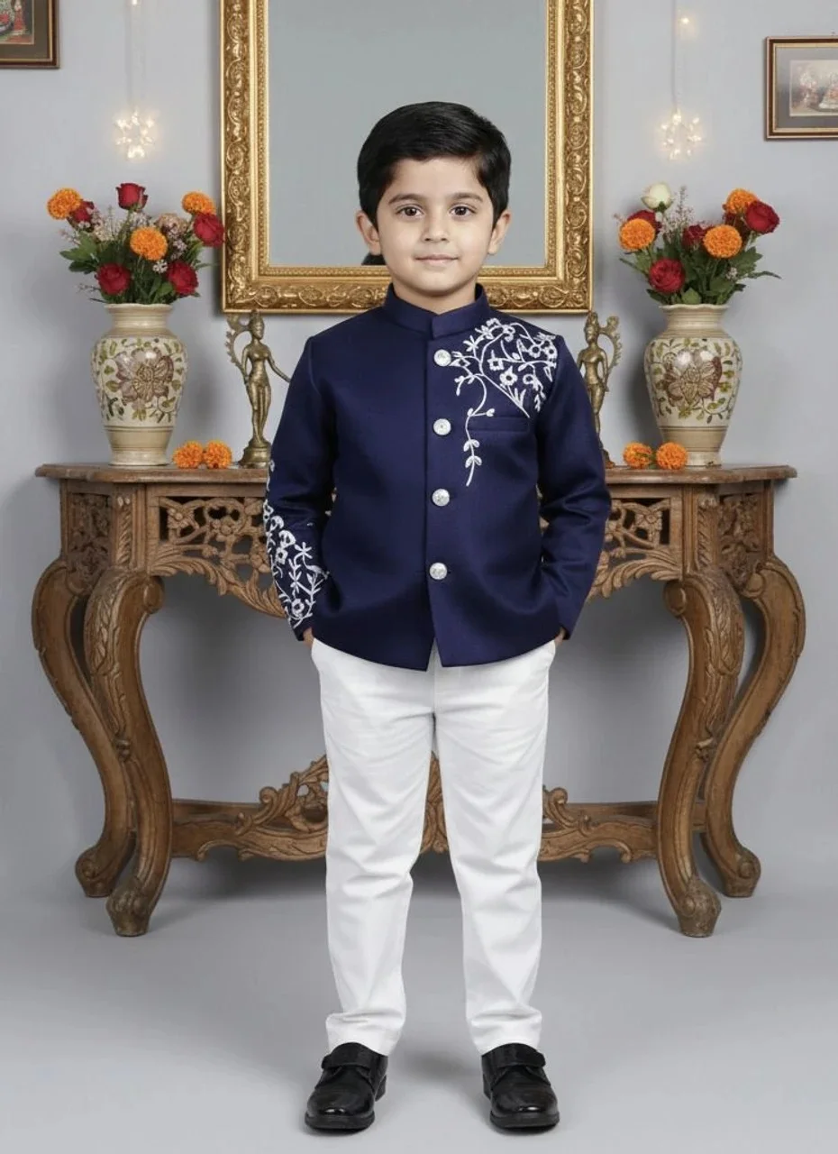 Boys Blue Blazer and Pant Set for Wedding Party Formal Wear Kids Suit Stylish Partywear Outfit with Coat Trouser Set Premium Fabric Age 2–14 Years Festive Clothing India Blue 1-2 Y image 5