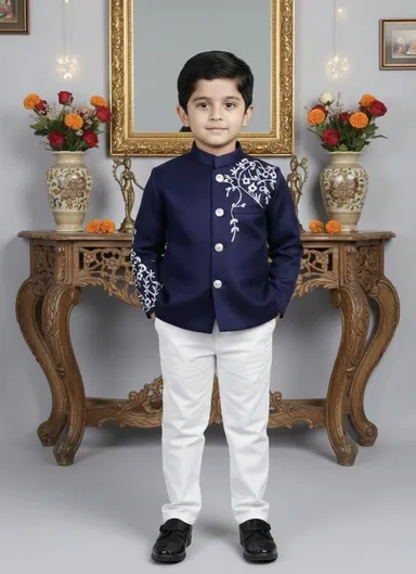 Boys Blue Blazer and Pant Set for Wedding Party Formal Wear Kids Suit Stylish Partywear Outfit with Coat Trouser Set Premium Fabric Age 2–14 Years Festive Clothing India Blue 1-2 Y thumbnail 4