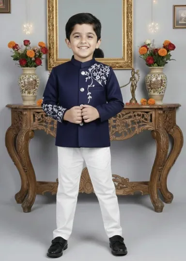 Boys Blue Blazer and Pant Set for Wedding Party Formal Wear Kids Suit Stylish Partywear Outfit with Coat Trouser Set Premium Fabric Age 2–14 Years Festive Clothing India Blue 6-7 Y thumbnail 0