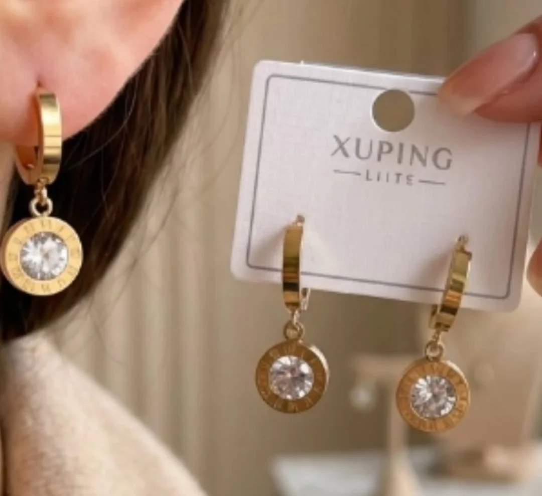 Elegant Gold-Tone Round Medallion Drop Earrings with Roman Numeral Engraving, Crystal Center Luxury Fashion Jewelry for Women Party Wear image 2
