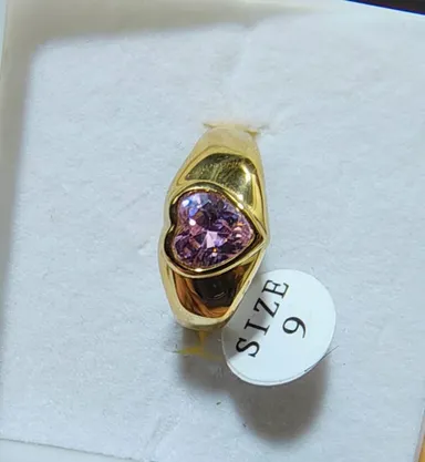 Rose Pink Heart Cut Crystal Chunky Dome Ring in Polished Gold Finish Elegant Statement Fashion Jewellery for Women Party Wedding Wear thumbnail 1
