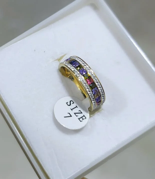 Elegant Gold Channel-Set Ring with Multi-Tone Square Cut Zirconia and Pavé Border Luxury Statement Fashion Jewellery for Women Party Wear image 2