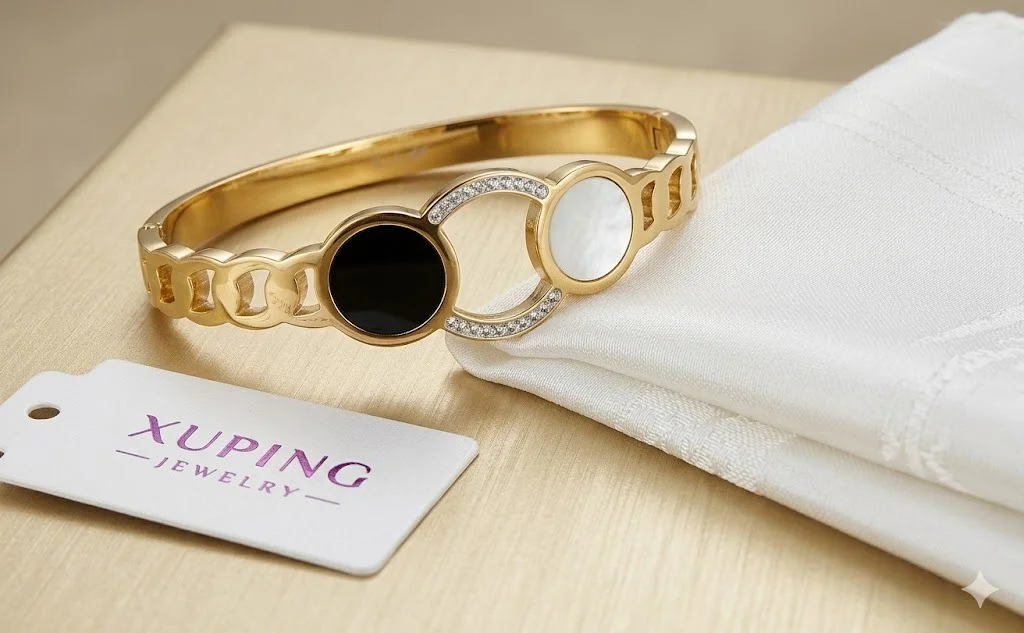 Gold Plated Hinge Bangle for Women Modern Black & White Enamel Statement Bracelet Elegant Fashion Jewellery Party Wedding Wear image 2