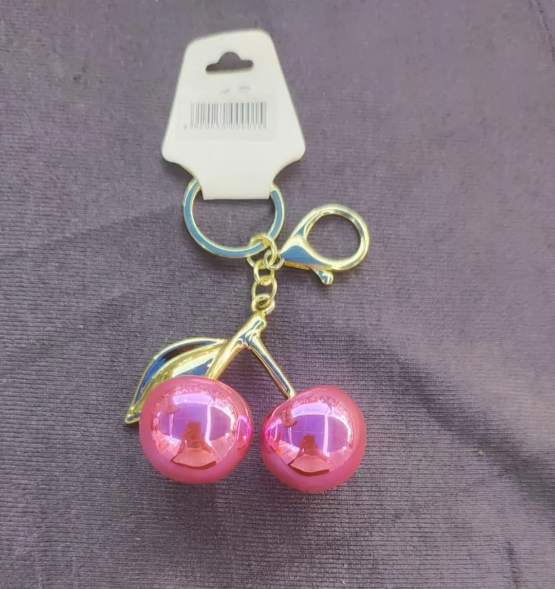 Cute Double Cherry Keyring Charm Pink Shiny Metal Bag Accessory Glossy Fruit Keychain for Girls Women Purse Backpack Car Keys Cute Kawaii Decorative Charm Gift image 1