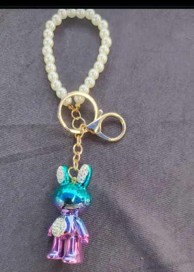 Luxury Rhinestone Rabbit Keychain with Faux Pearl Wristlet Strap for Women Crystal Bunny Bag Charm Car Key Holder Elegant Cute Handbag Accessory Gift India thumbnail 0