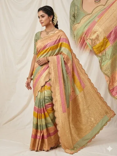 Rainbow Colour Saree Stunning Multicolour Elegance with Intricate Gold Embellished Design Party Wear Festival Ethnic Saree for Women Wedding & Special Occasions thumbnail 0