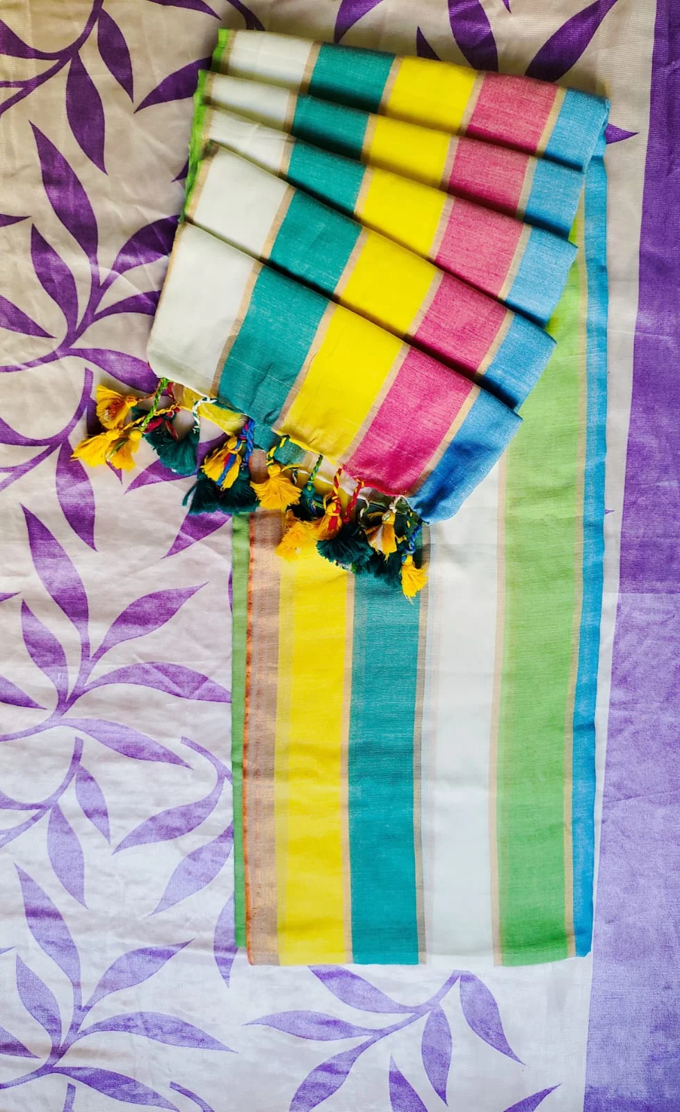 Rainbow Multicolour Cotton Mulmul Khadi Saree for Women Lightweight Chinon Fabric Lace Border Elegant Traditional Party Wear Saree Summer Breathable Ethnic Wear India image 3