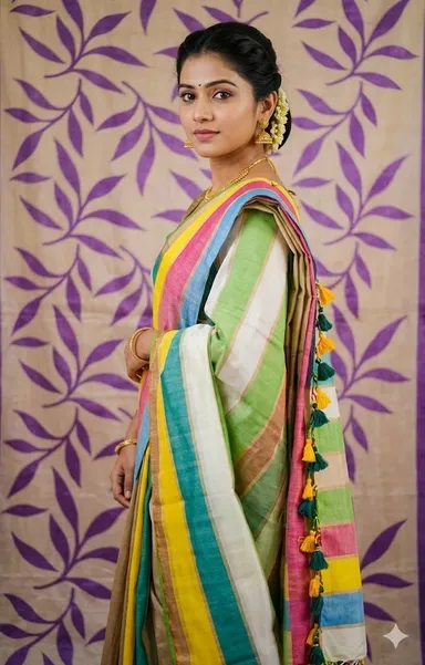Rainbow Multicolour Cotton Mulmul Khadi Saree for Women Lightweight Chinon Fabric Lace Border Elegant Traditional Party Wear Saree Summer Breathable Ethnic Wear India thumbnail 0