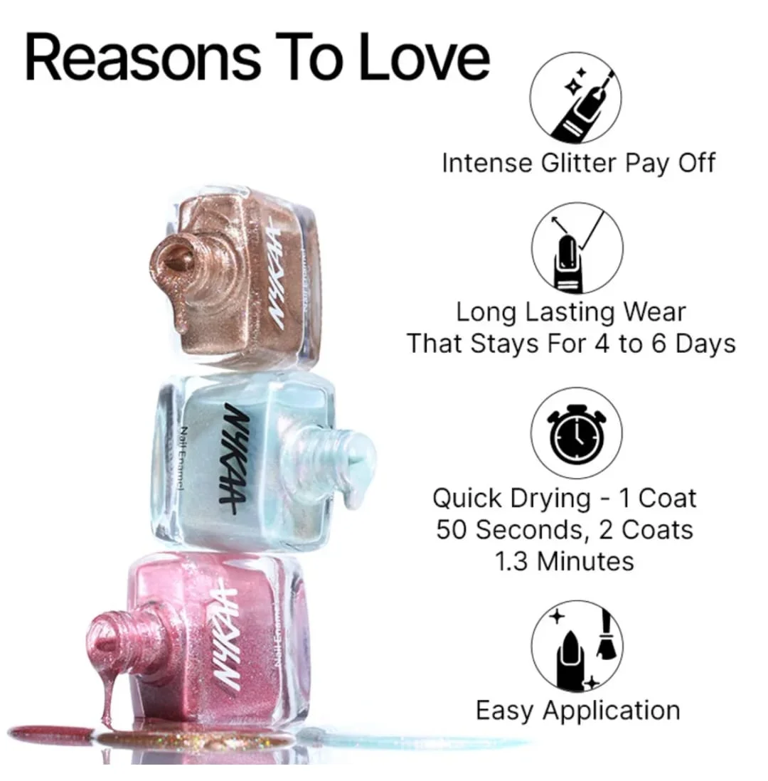 Nykaa Glitter Nail Enamel Glitz & Gram Pink Sparkling Long Lasting Quick Dry Chip Resistant Glossy Shine Party Wear Nail Polish for Women India Salon Finish Nail Colour image 2