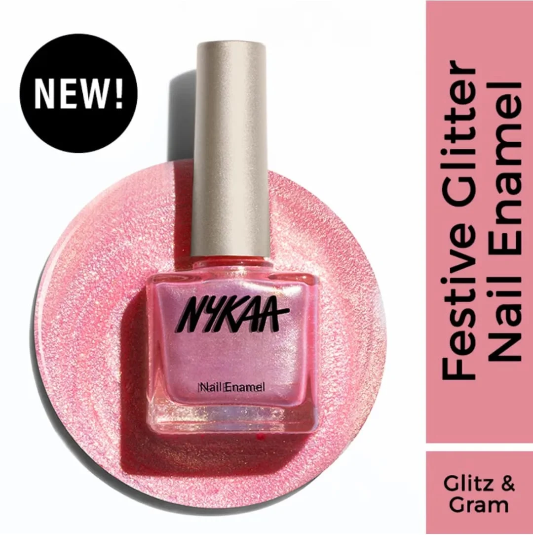 Nykaa Glitter Nail Enamel Glitz & Gram Pink Sparkling Long Lasting Quick Dry Chip Resistant Glossy Shine Party Wear Nail Polish for Women India Salon Finish Nail Colour image 3