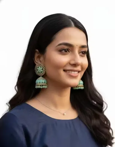 Traditional Mint Green Jhumki Earrings for Women and Girls Gold Plated Floral Ethnic Jhumka Earrings Lightweight Designer Jewelry for Wedding Festive Party Wear Ethnic Occasion thumbnail 1